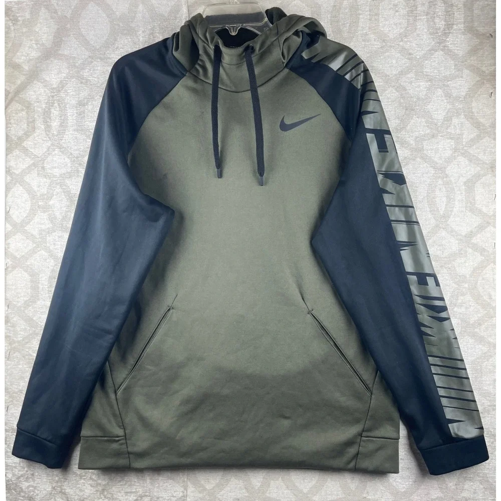 Nike Dri-FIT Men Large Olive Green Black Graphic Sleeve Pullover Hoodie